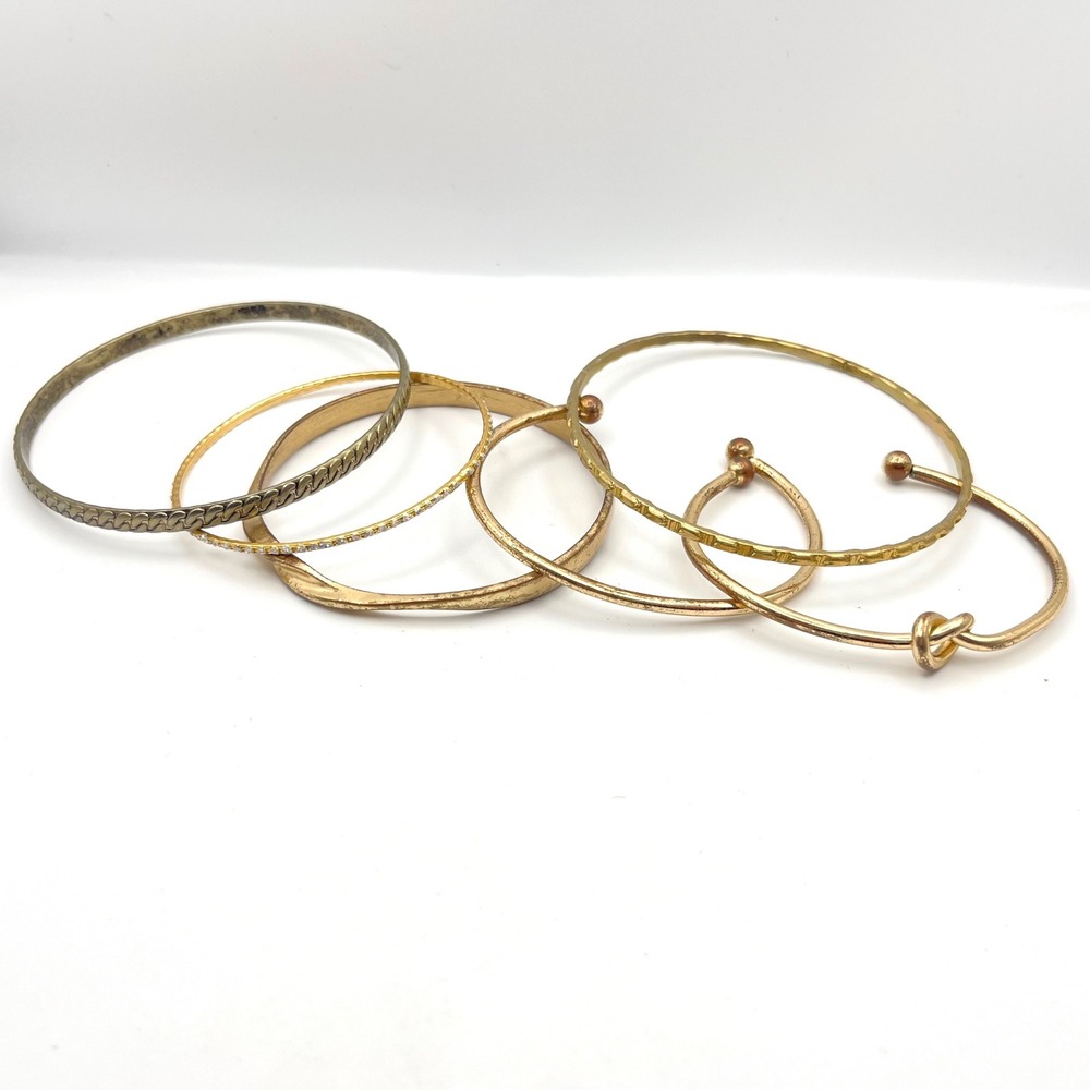 Mixed Gold Tone Bangle Bracelet Lot Love Knot Rhinestone Textured Stacking Set